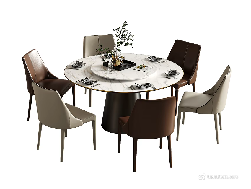 Modern Dining Table Set Round Marble Top with Vase and Six Brown Beige Chairs 3d model 