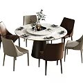 Modern Dining Table Set Round Marble Top with Vase and Six Brown Beige Chairs