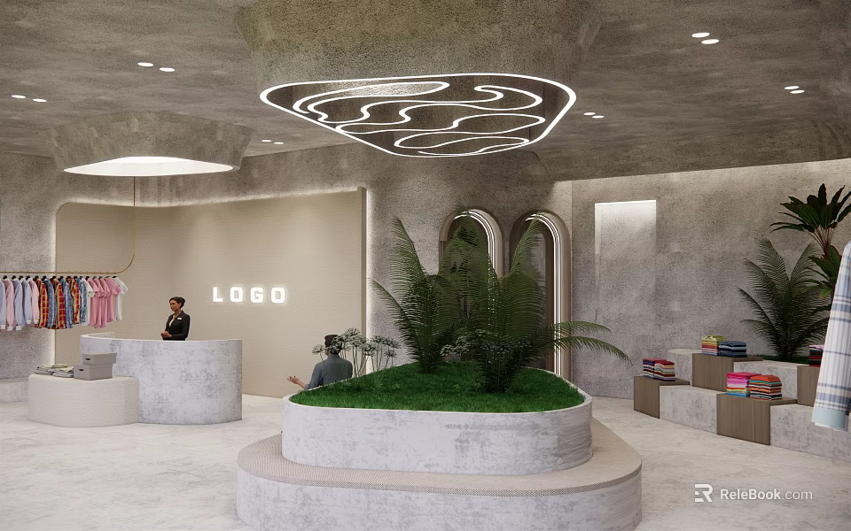 Modern Clothing Store Interior With Logo Reception Counter Green Plants And Clothes On Racks 3d model 