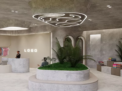 Modern Clothing Store Interior With Logo Reception Counter Green Plants And Clothes On Racks 3d model