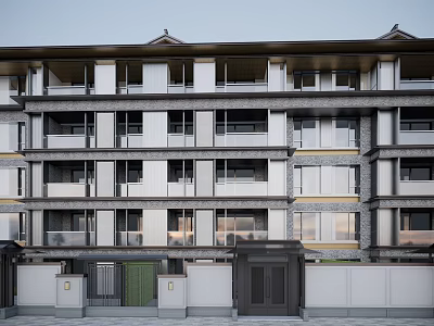Traditional Chinese Style Multi Story Building With Gray White Exterior Balconies And Windows 3d model