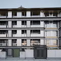 Traditional Chinese Style Multi Story Building With Gray White Exterior Balconies And Windows
