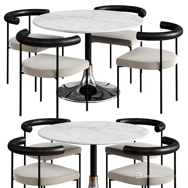 Modern Table and Chair Set With Marble Tabletop and Leather Armrests Design 3d model 