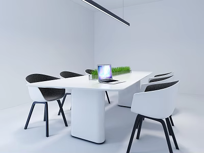 Modern White Conference Table With Laptop Green Plant And Black White Chairs In Minimalist Room 3d model