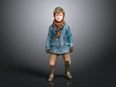 Woman In Blue Coat With Brown Scarf And Ripped Pants Against Gray Background 3d model