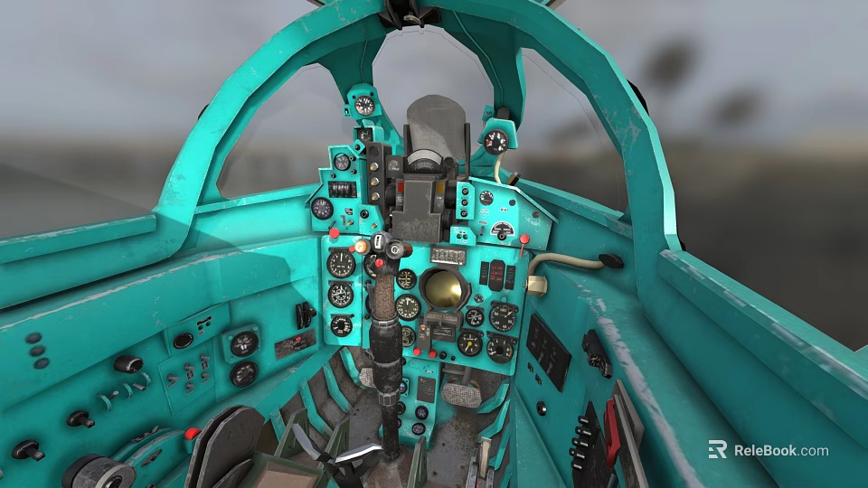 Vintage Turquoise Aircraft Cockpit Interior With Control Buttons Gauges And Instrument Panel 3d model 