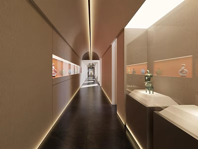 Cultural Center Modern Interior Design With Long Hallway Glass Display Cases And Ancient Artifacts 3d model