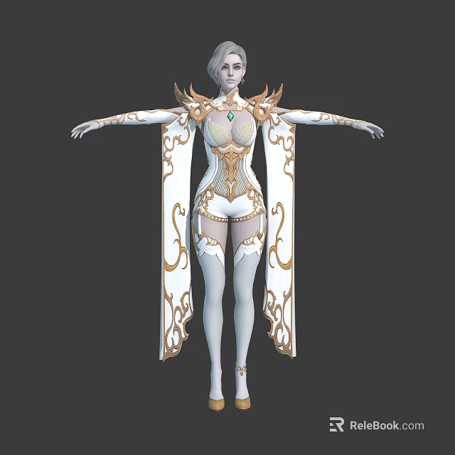 Graceful Female Character In Elegant Gold And White Decorated Costume With Winged Shoulder Design 3d model 