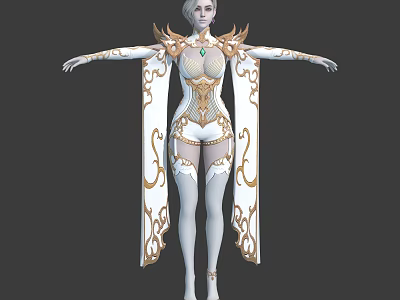Graceful Female Character In Elegant Gold And White Decorated Costume With Winged Shoulder Design 3d model