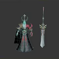 Horned Mythical Character With Red Black Attire And Ornate Golden Pink Decorative Sword