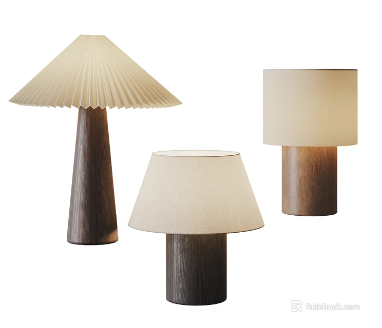 Modern Table Lamps With Pleated Fabric Shades And Cylindrical Wooden Bases 3d model 