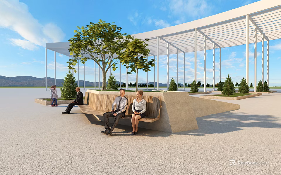 Modern Tree Planter With Seating Bench People Sitting In Open Outdoor Architectural Space With Clear Sky 3d model 