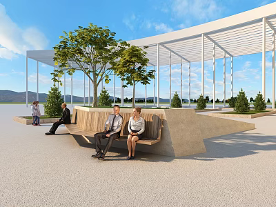 Modern Tree Planter With Seating Bench People Sitting In Open Outdoor Architectural Space With Clear Sky 3d model