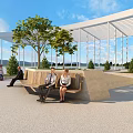 Modern Tree Planter With Seating Bench People Sitting In Open Outdoor Architectural Space With Clear Sky