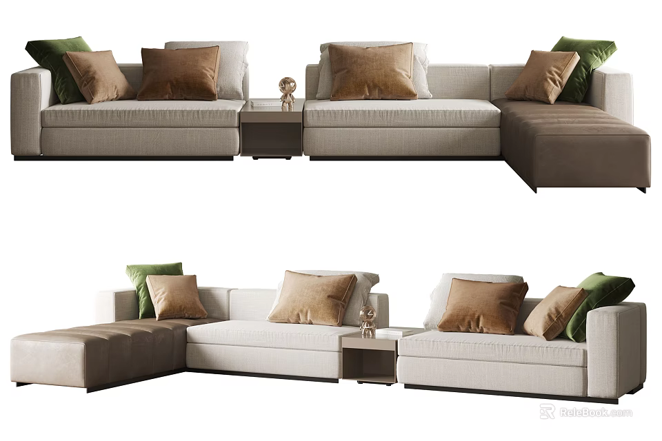 Modern Beige Fabric Sectional Sofa With Decorative Pillows And Side Table 3d model