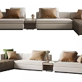 Modern Beige Fabric Sectional Sofa With Decorative Pillows And Side Table 3d model