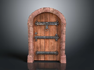 Vintage Arched Wooden Door With Red Brick Frame And Metal Hardware 3d model