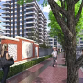 Modern High Rise Building Exterior Wall with Red Brick Design Surrounded by Trees and Pedestrians