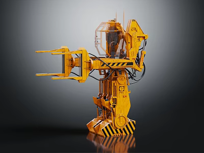 Yellow Industrial Metal Mechanical Component With Arm And Black And Yellow Warning Stripes 3d model
