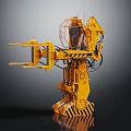 Yellow Industrial Metal Mechanical Component With Arm And Black And Yellow Warning Stripes