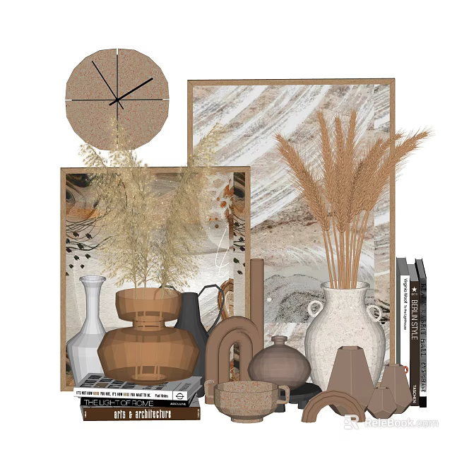 Modern Decorative Ornament Set With Dried Pampas Grass Vases Clock Paintings And Ceramic Pots 3d model 