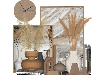 Modern Decorative Ornament Set With Dried Pampas Grass Vases Clock Paintings And Ceramic Pots 3d model