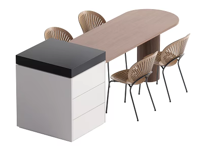 Modern Dining Table Set With Oval Wood Top Woven Back Chairs And White Black Cabinet 3d model