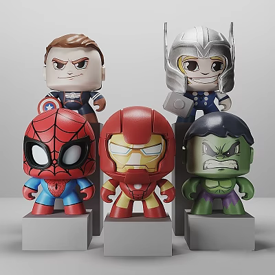 Colorful Marvel Superhero Action Figures With Detailed Features On Display Stands 3d model