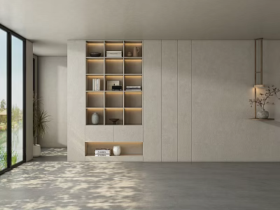 Modern Living Room With Large Windows Built In Shelves Lighting Gray Walls And Decorative Plants 3d model