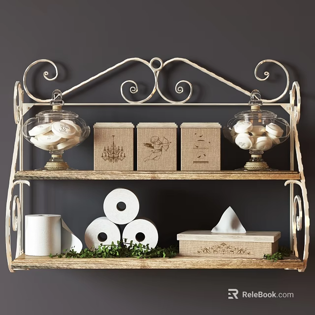 Wall Mounted Cabinet with Wrought Iron Design Glass Jars Linen Boxes Toilet Paper and Greenery 3d model 