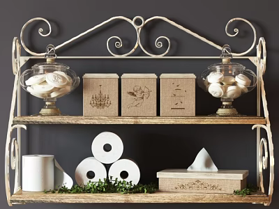 Wall Mounted Cabinet with Wrought Iron Design Glass Jars Linen Boxes Toilet Paper and Greenery 3d model