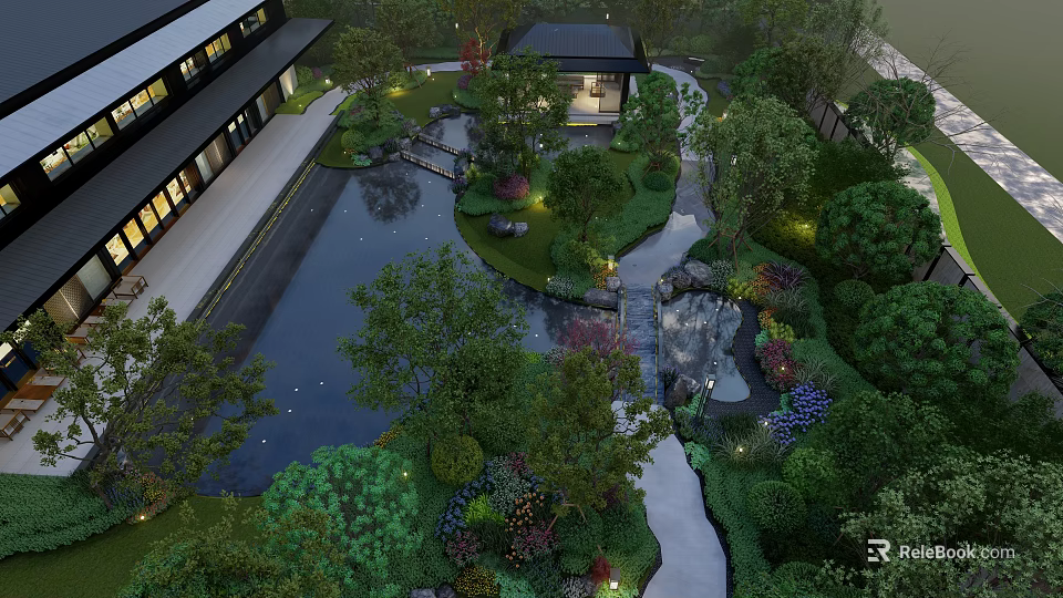 Serene Courtyard Garden With Pond Water Feature Lush Greenery Stone Pathway And Landscaping Design 3d model 