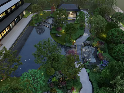 Serene Courtyard Garden With Pond Water Feature Lush Greenery Stone Pathway And Landscaping Design 3d model