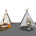 Two Decorative Tipi Tents With String Lights Patterned Fabric Carpeted Base And Cozy Interior Items