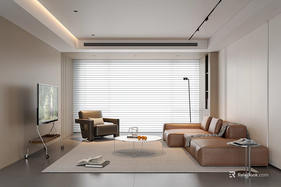 Modern Living Room Interior With Brown Sofa Armchair Coffee Table Blinds And Floor Lamp 3d model 