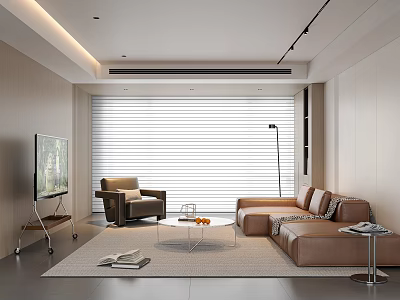 Modern Living Room Interior With Brown Sofa Armchair Coffee Table Blinds And Floor Lamp 3d model