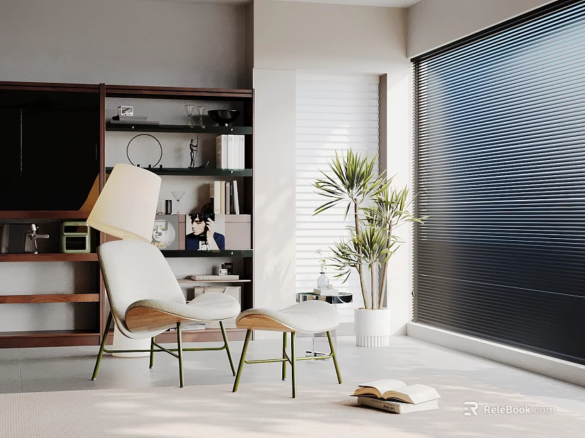 Modern Living Room Decorative Ornaments Set With Bookshelf Chair Plant And Table Lamp 3d model 