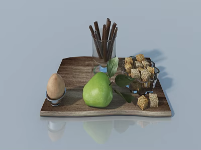 Wooden Tray With Fresh Egg Green Pear Chocolate Sticks And Croutons 3d model