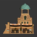 Model Building With Green Dome Tower Wooden Facade Shop Front Awnings And Display Counters