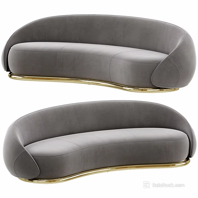 Modern Gray Curved Velvet Sofa with Elegant Gold Metal Base Design 3d model 