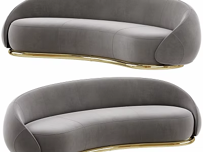 Modern Gray Curved Velvet Sofa with Elegant Gold Metal Base Design 3d model