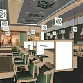 Traditional Restaurant Interior With Round Ceiling Lights Green Wooden Walls And Seating Areas