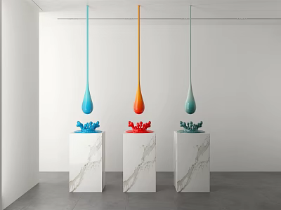 Colorful Hanging Teardrop Shaped Sculptures with Carved Bases on Marble Pedestals in White Exhibition Space 3d model