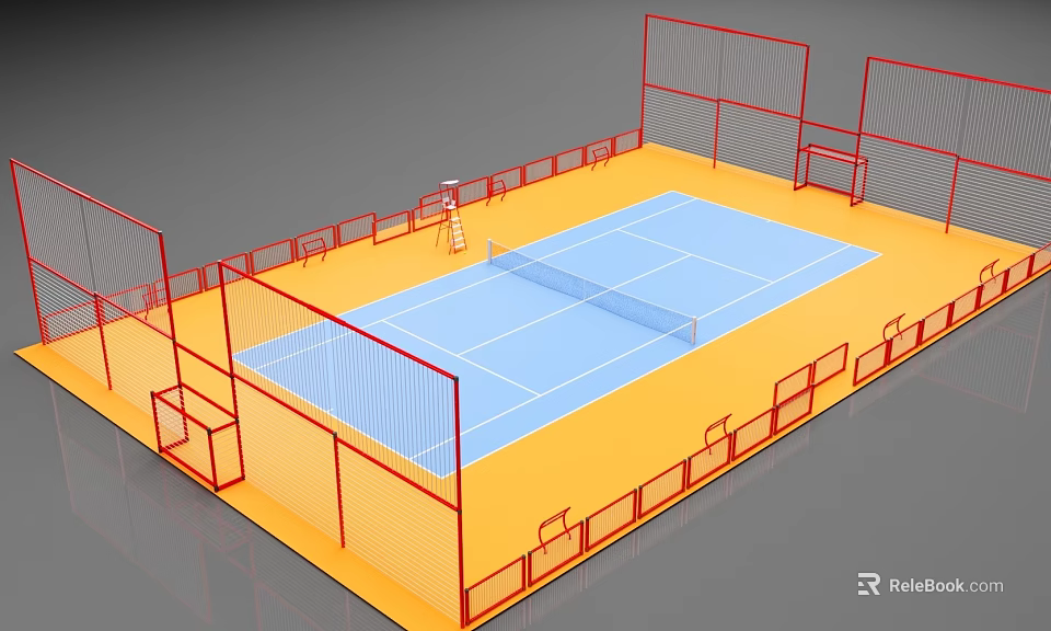 Indoor Multi Sport Court Equipment With Red Fences Blue Surface And Net Setup 3d model 