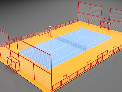 Indoor Multi Sport Court Equipment With Red Fences Blue Surface And Net Setup 3d model