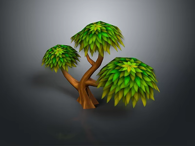 Lush Green Tree With Three Canopies And Brown Trunk In Dark Setting 3d model