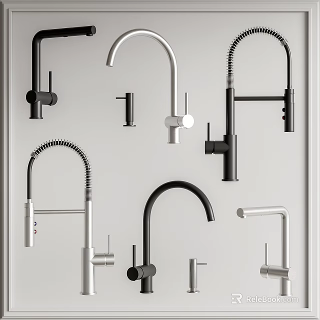 Different Modern Faucet Designs in Black and Silver Displayed on White Background 3d model 
