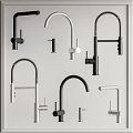 Different Modern Faucet Designs in Black and Silver Displayed on White Background
