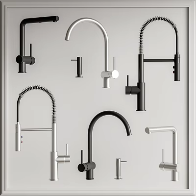 Different Modern Faucet Designs in Black and Silver Displayed on White Background 3d model