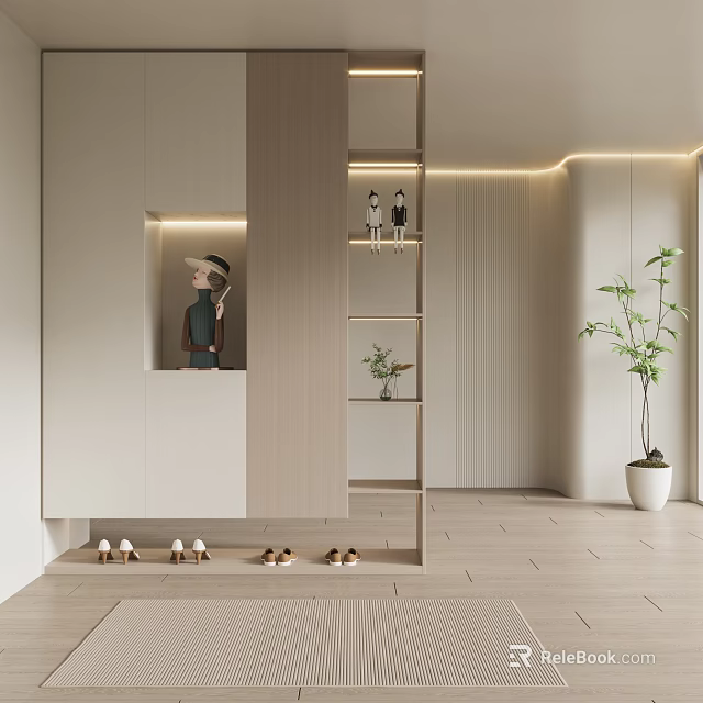 Minimalist Modern Shoe Cabinet Interior With Display Shelves Shoes Decorations And Soft Lighting 3d model 